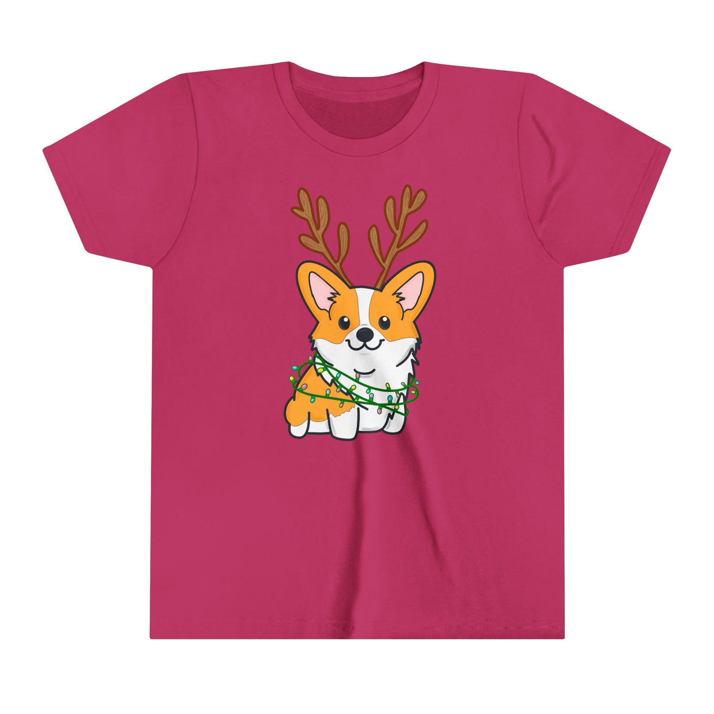 Kids Christmas Corgi Youth Short Sleeve Tee | Reindeer Holiday Kids Tee | Dog Xmas Tee