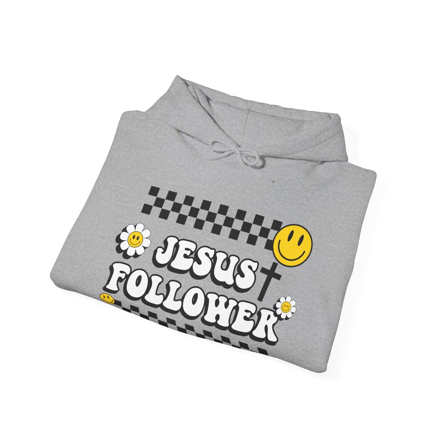 Jesus Follower Groovy Vibes Happy Face Hooded Sweatshirt - Christian Apparel, Retro Religious Clothing, Positive Graphic Hoodie