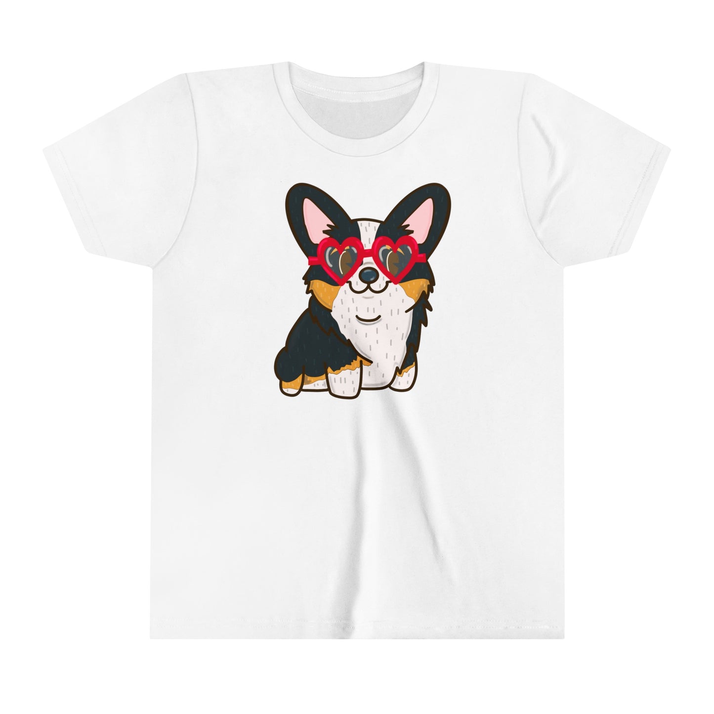 Black Corgi Heart Sunglasses Youth Graphic Tee | Cute Dog Lover Shirt | Kids' Casual Wear | Pet-Themed Children's Tee