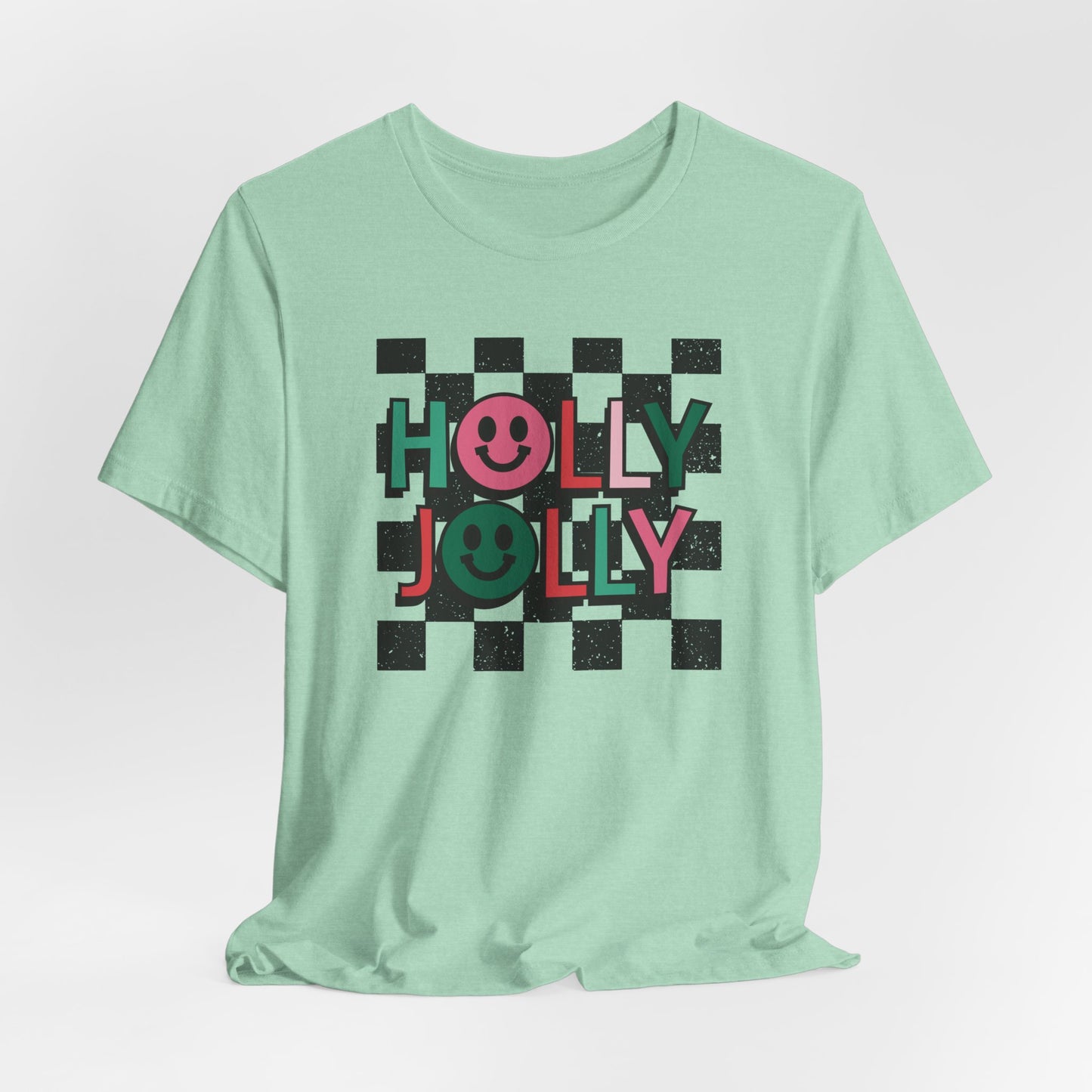 Holly Jolly Happy Face Holiday Short Sleeve Tee | Ladies Christmas Shirt Adult Christmas Shirts | Pink Christmas