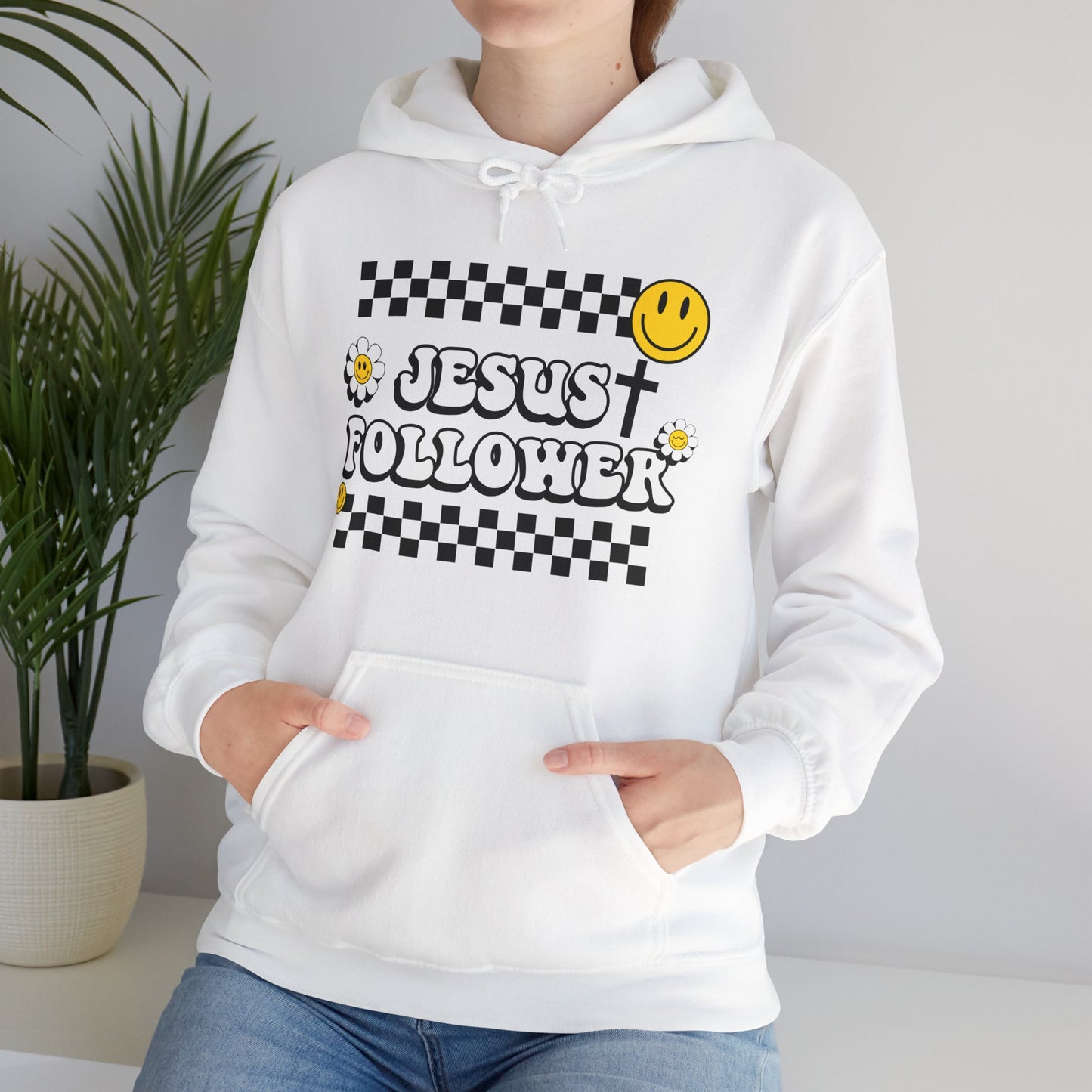 Jesus Follower Groovy Vibes Happy Face Hooded Sweatshirt - Christian Apparel, Retro Religious Clothing, Positive Graphic Hoodie