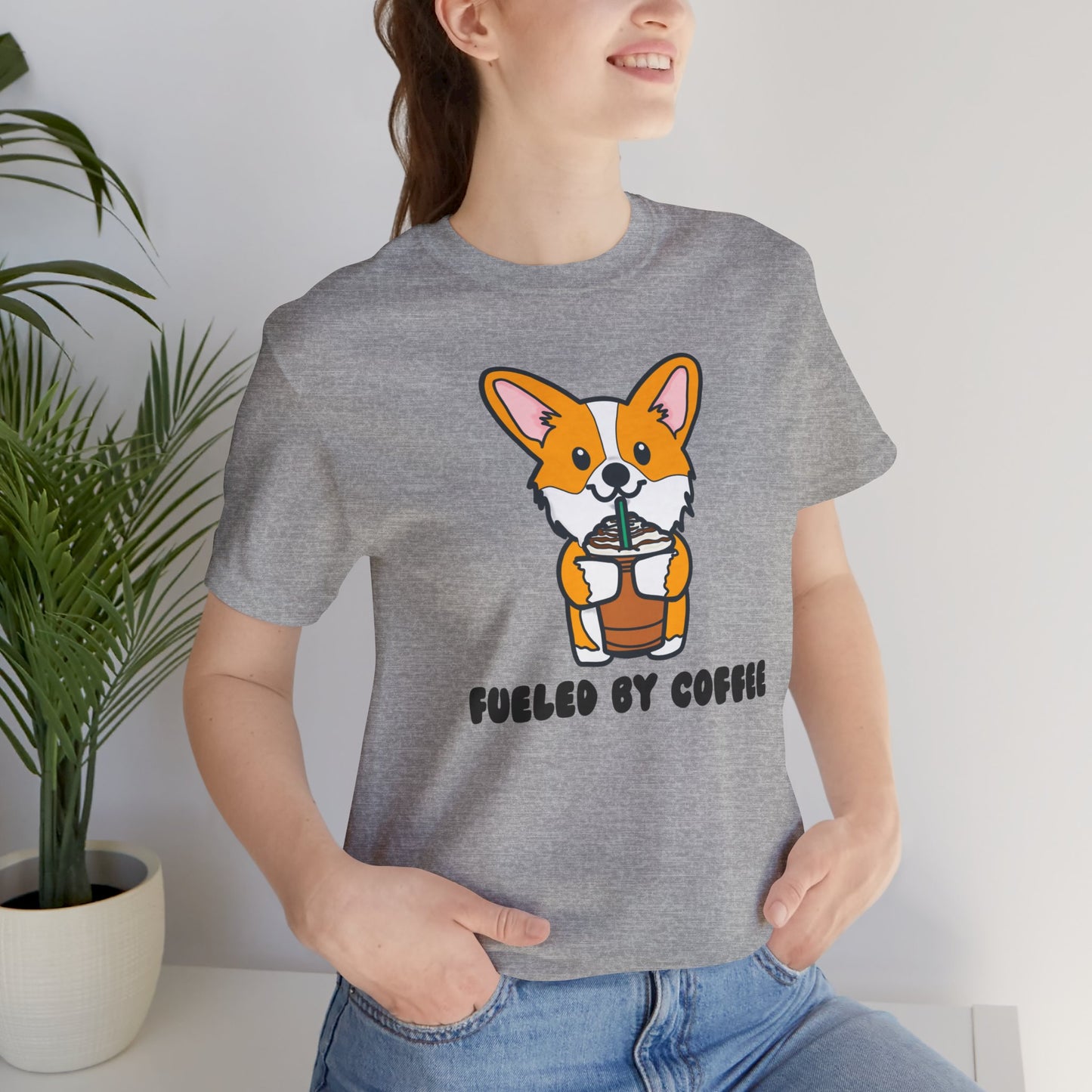 Fueled by Coffee Corgi Unisex Tee | Corgi Dog Ladies Top | Cute Corgi Iced Coffee Tee| Women's Coffee Lover Tee | Quirky Ladies Dog Tee