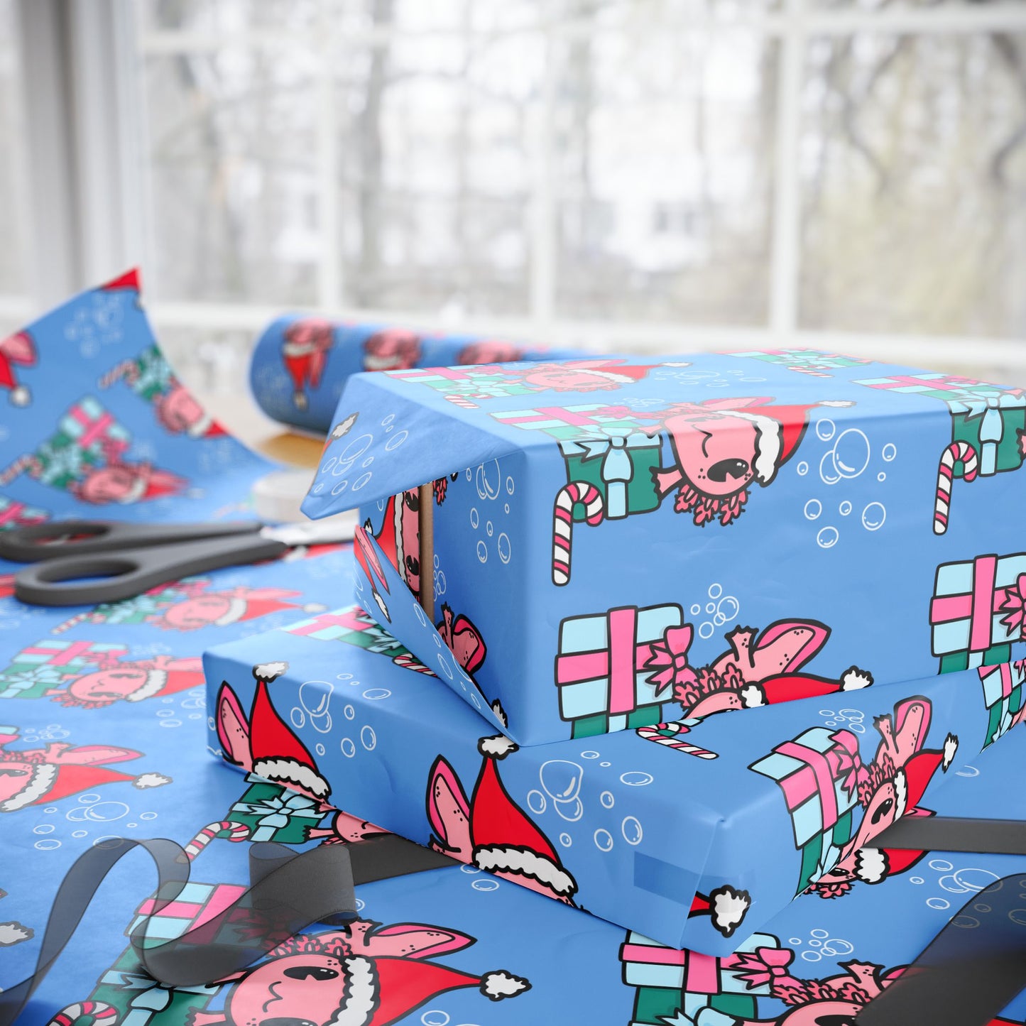 Christmas Axolotl Wrapping Paper - Cute Holiday Gift Wrap, Festive Amphibian-Themed Wrapping Paper, Unique Axolotl Lover Gift Wrap, Holiday Packaging