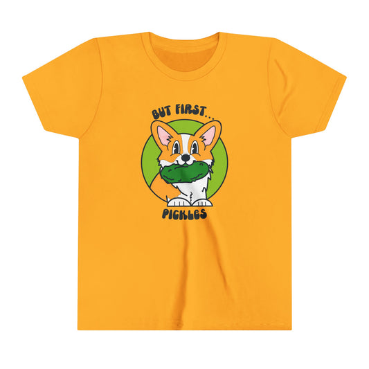 Corgi Pickle Lover Graphic Kids Size Tee | But First Pickles Youth Tee | Foodie Shirt for Pickle Enthusiasts | Pickle Gifts