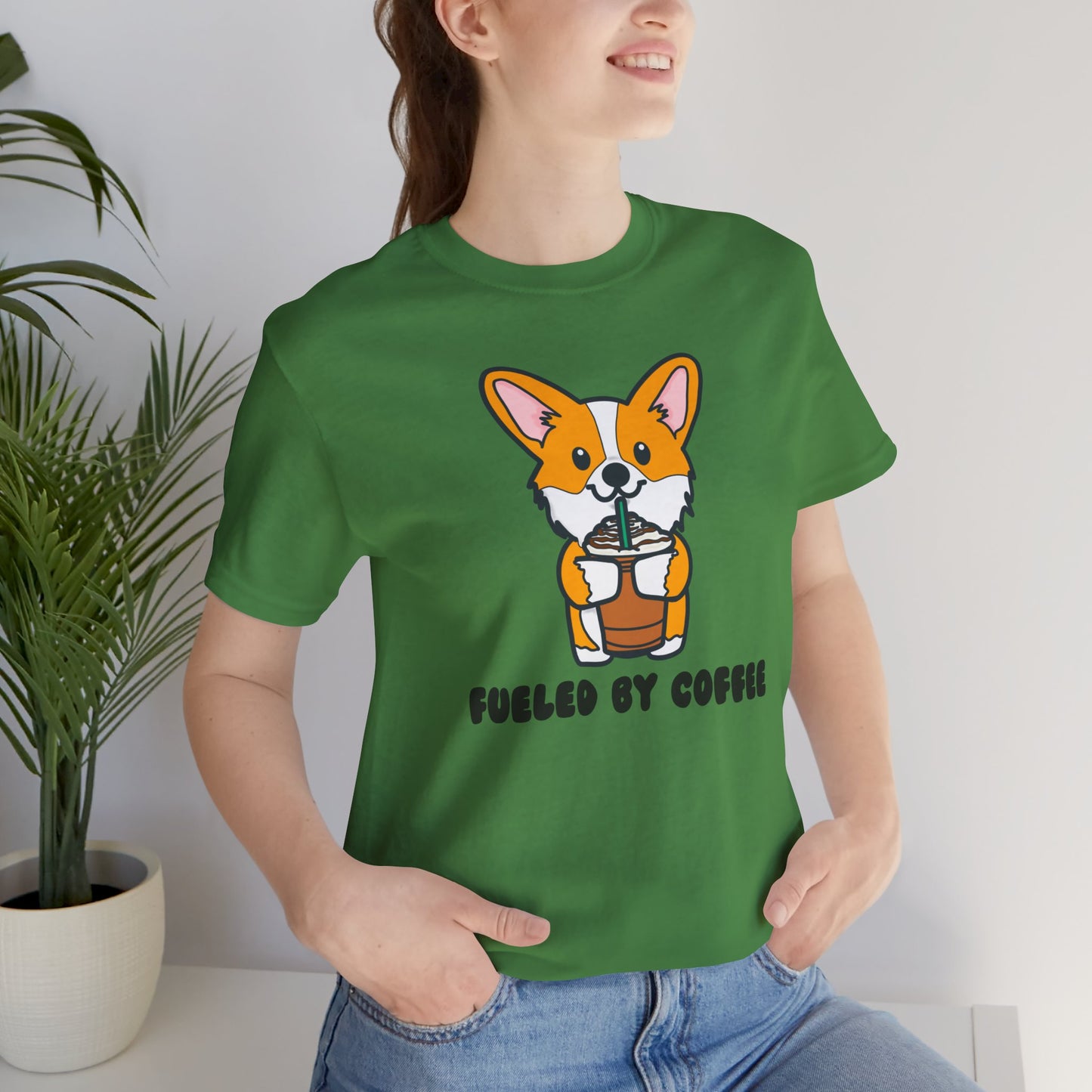 Fueled by Coffee Corgi Unisex Tee | Corgi Dog Ladies Top | Cute Corgi Iced Coffee Tee| Women's Coffee Lover Tee | Quirky Ladies Dog Tee