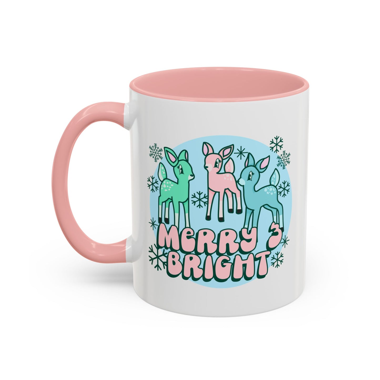 Merry and Bright Reindeer Pink Holiday Coffee Mug 11oz/15oz