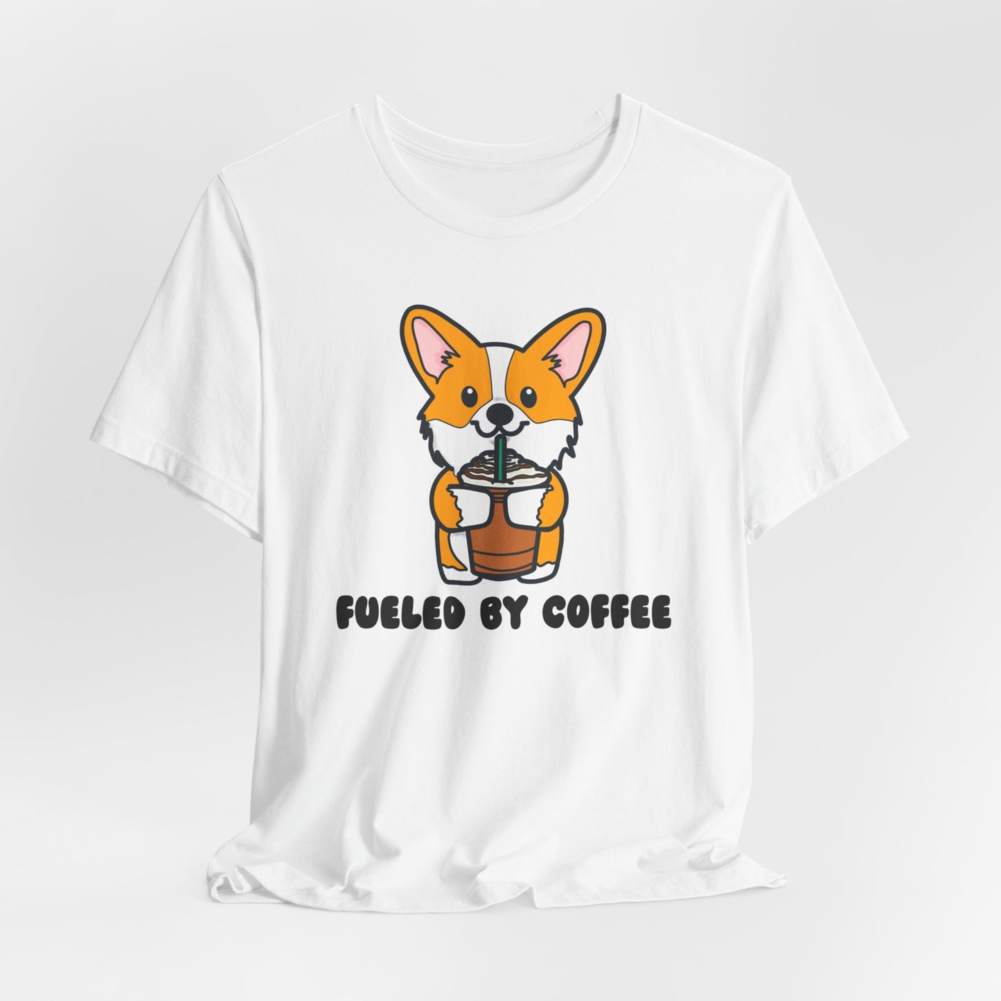 Fueled by Coffee Corgi Unisex Tee | Corgi Dog Ladies Top | Cute Corgi Iced Coffee Tee| Women's Coffee Lover Tee | Quirky Ladies Dog Tee