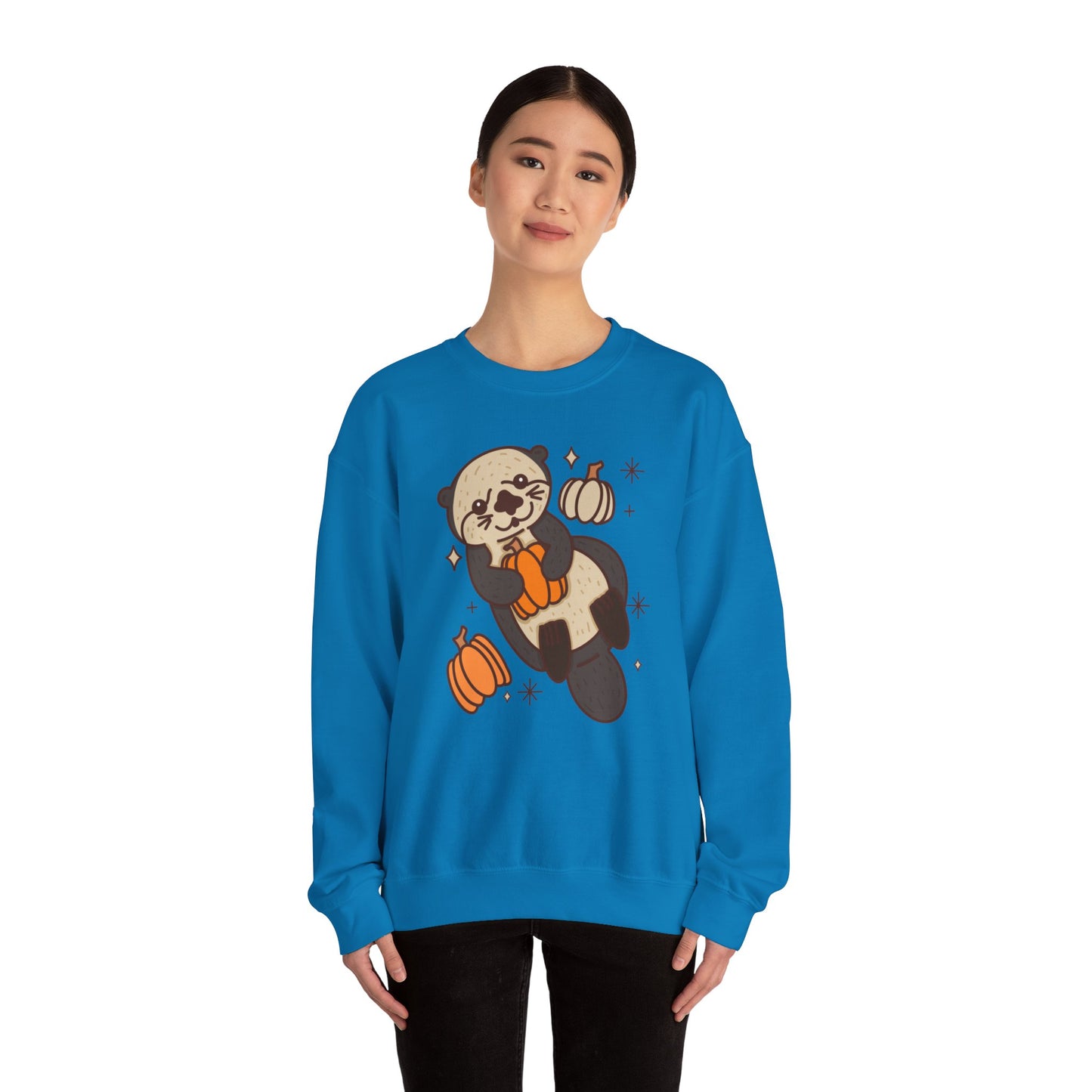 Sea Otter Pumpkin Spooky Season Pullover Sweatshirt | Pumpkin Crewneck Adult Unisex Fit Sweatshirt