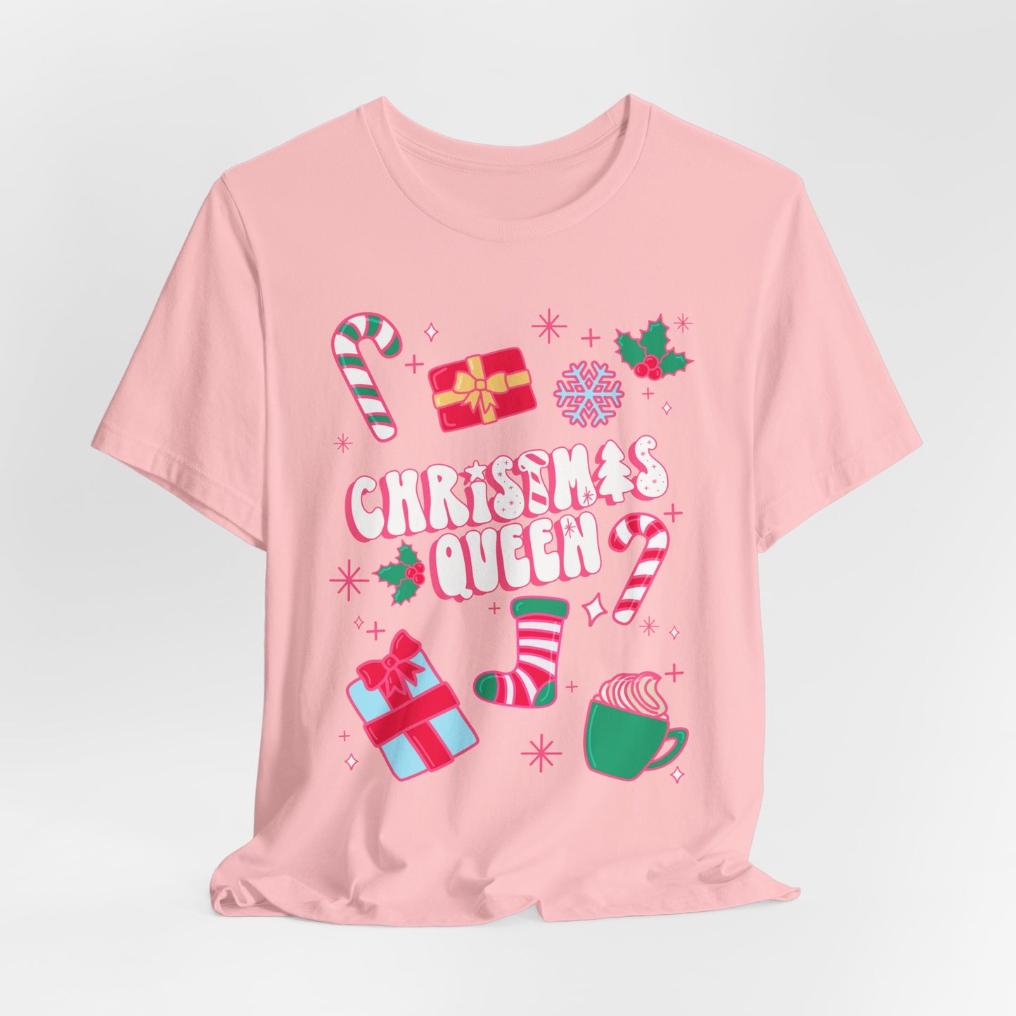 Christmas Queen Holiday Short Sleeve Tee | Ladies Christmas Shirt | Candy cane tee | Adult Christmas Shirts | Pink Christmas