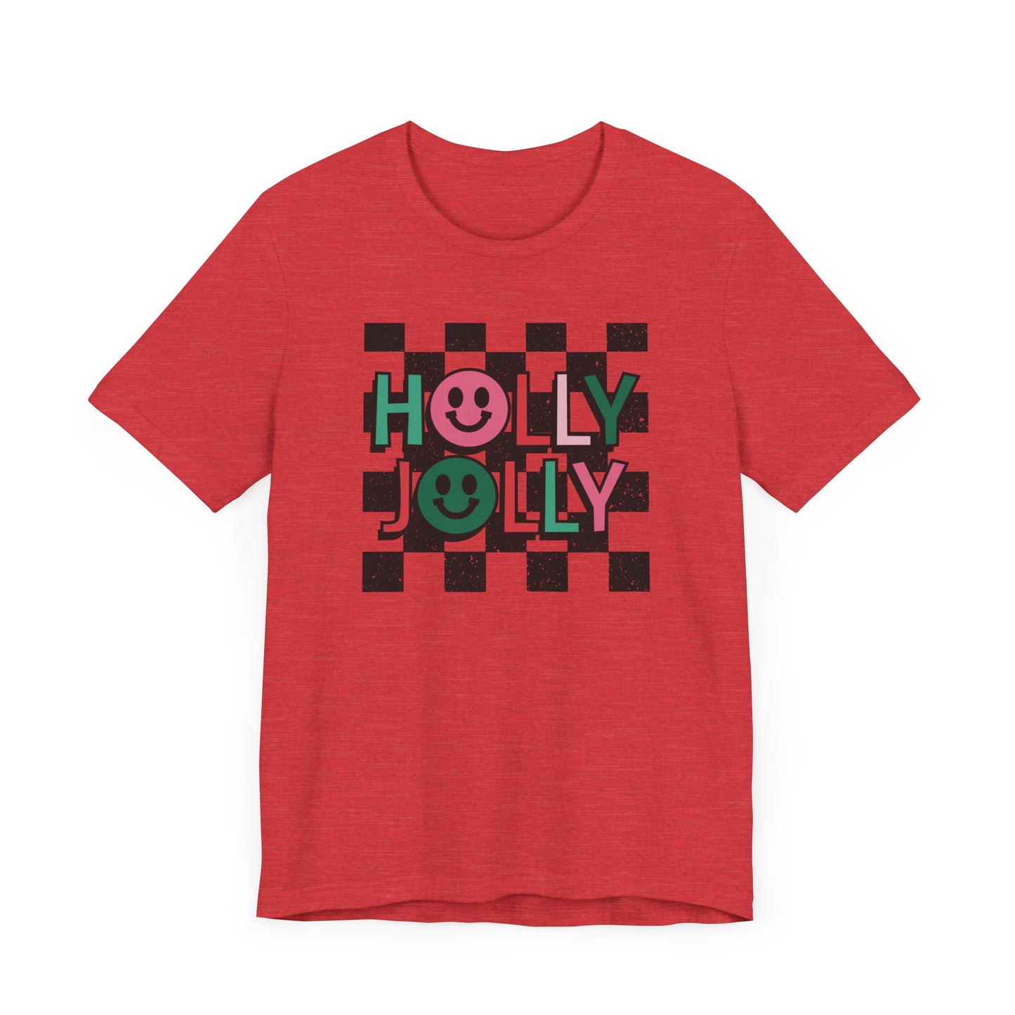 Holly Jolly Happy Face Holiday Short Sleeve Tee | Ladies Christmas Shirt Adult Christmas Shirts | Pink Christmas