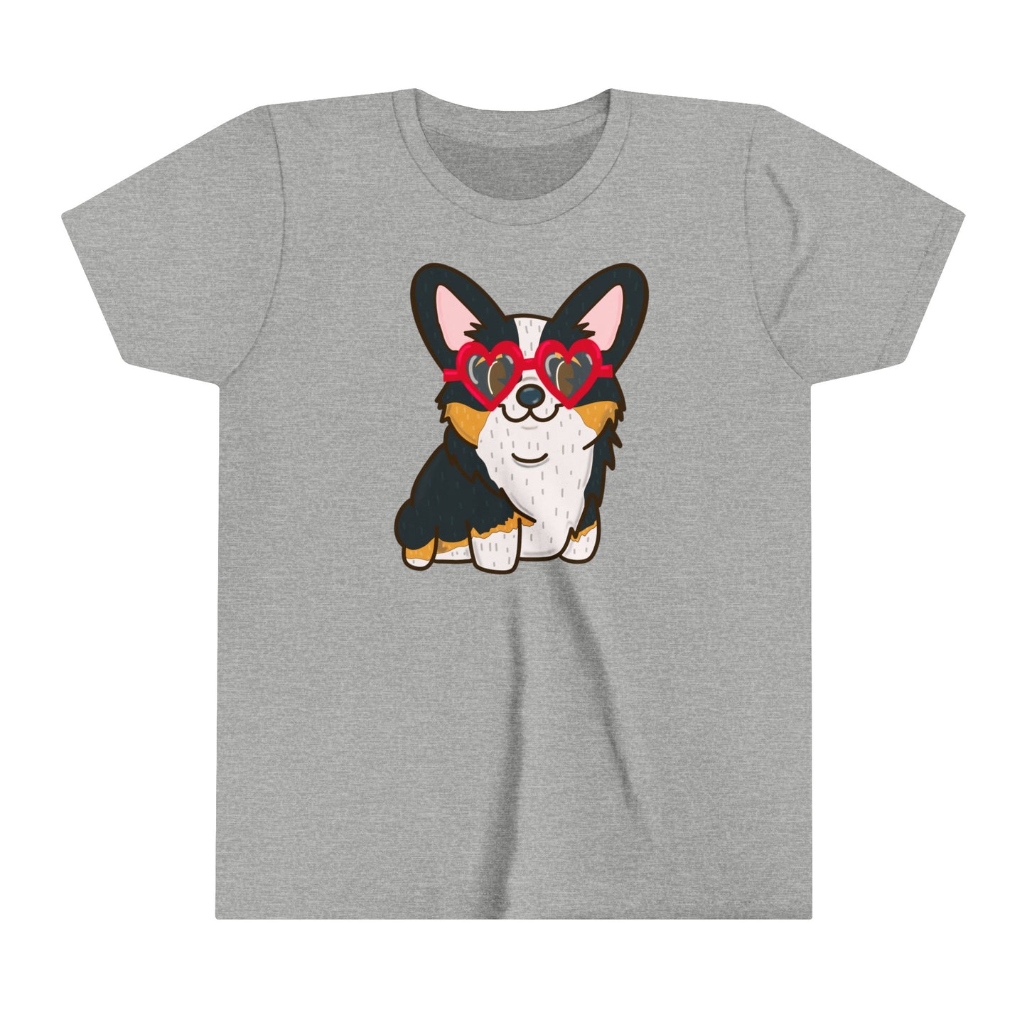 Black Corgi Heart Sunglasses Youth Graphic Tee | Cute Dog Lover Shirt | Kids' Casual Wear | Pet-Themed Children's Tee