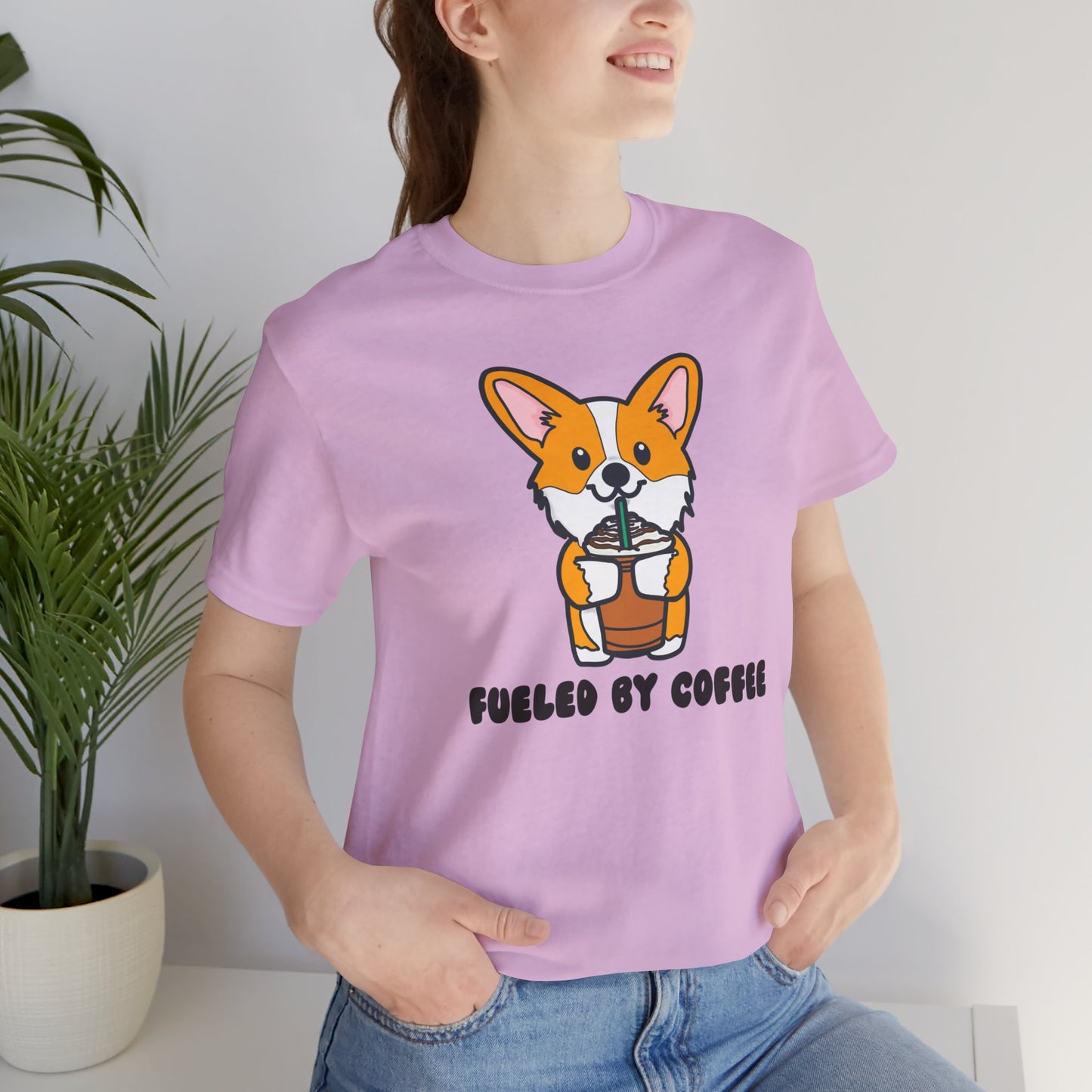 Fueled by Coffee Corgi Unisex Tee | Corgi Dog Ladies Top | Cute Corgi Iced Coffee Tee| Women's Coffee Lover Tee | Quirky Ladies Dog Tee