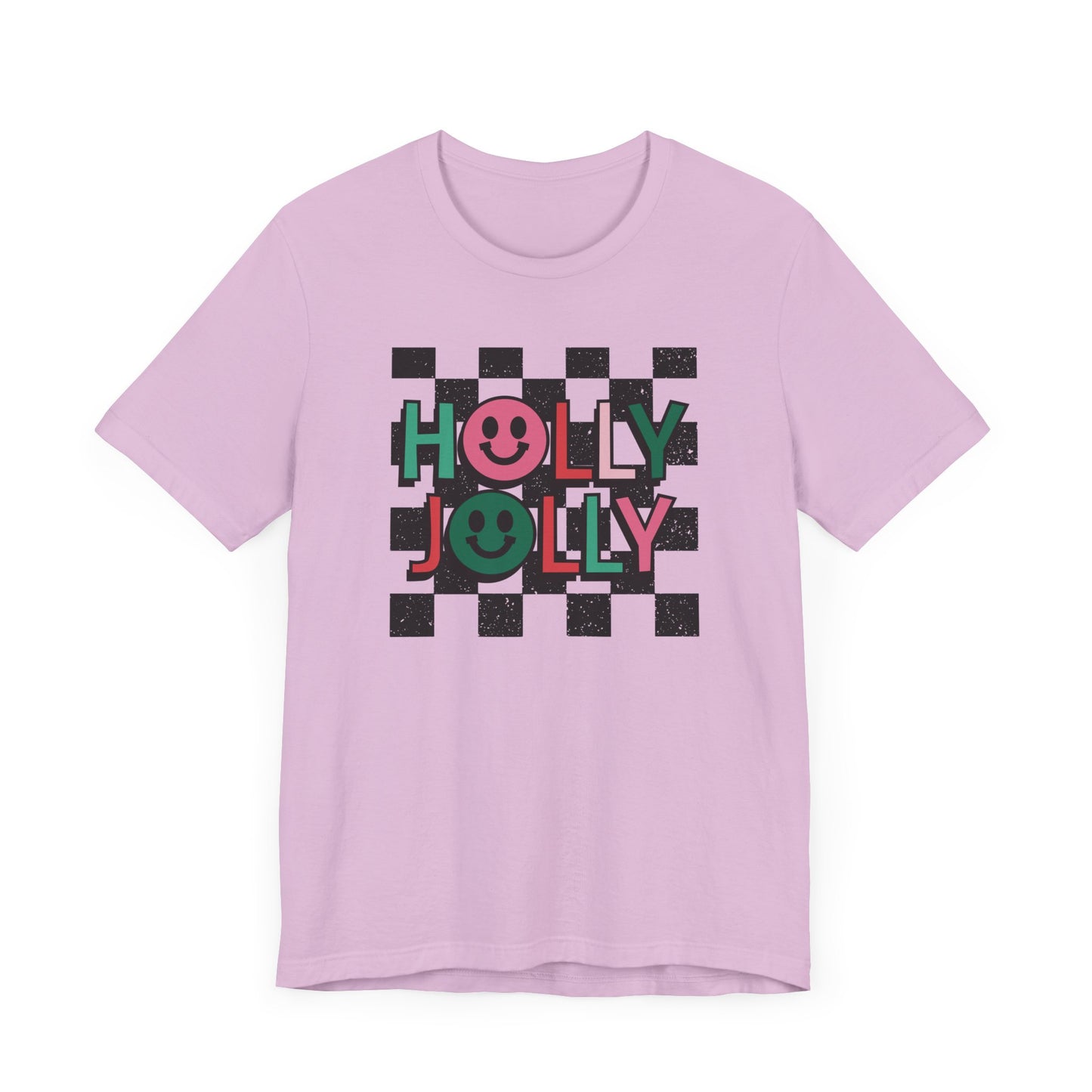 Holly Jolly Happy Face Holiday Short Sleeve Tee | Ladies Christmas Shirt Adult Christmas Shirts | Pink Christmas