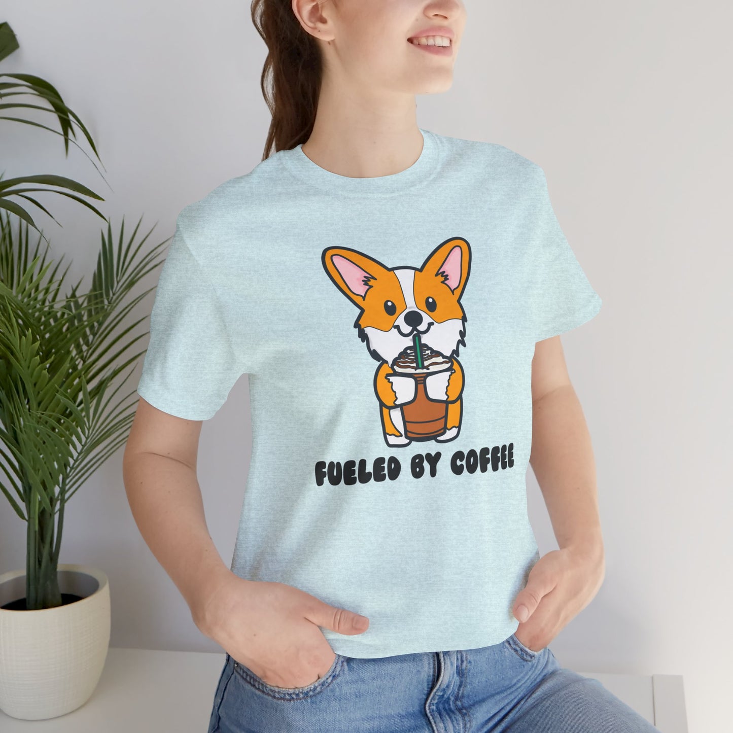 Fueled by Coffee Corgi Unisex Tee | Corgi Dog Ladies Top | Cute Corgi Iced Coffee Tee| Women's Coffee Lover Tee | Quirky Ladies Dog Tee