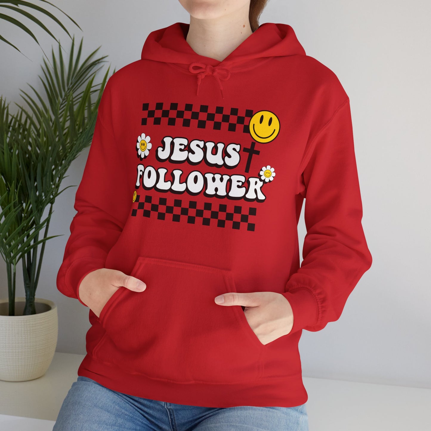 Jesus Follower Groovy Vibes Happy Face Hooded Sweatshirt - Christian Apparel, Retro Religious Clothing, Positive Graphic Hoodie