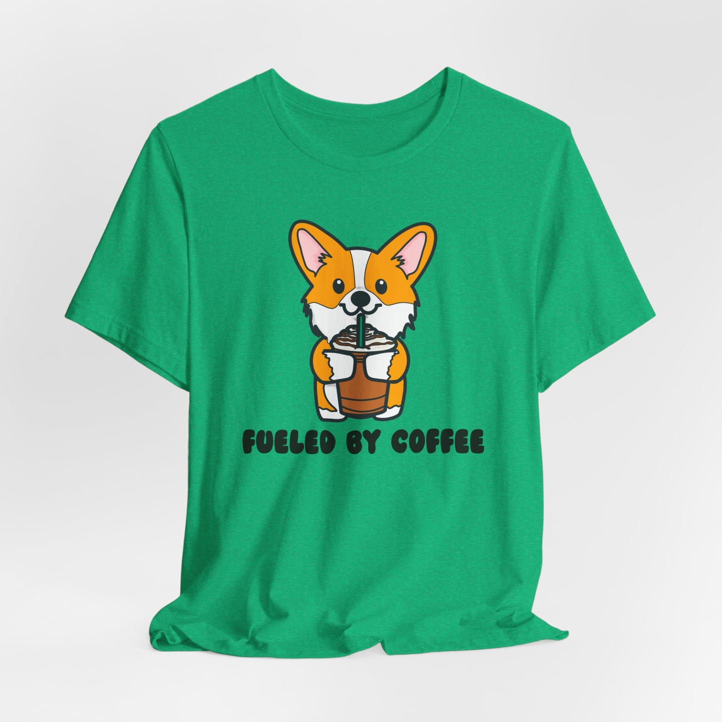 Fueled by Coffee Corgi Unisex Tee | Corgi Dog Ladies Top | Cute Corgi Iced Coffee Tee| Women's Coffee Lover Tee | Quirky Ladies Dog Tee