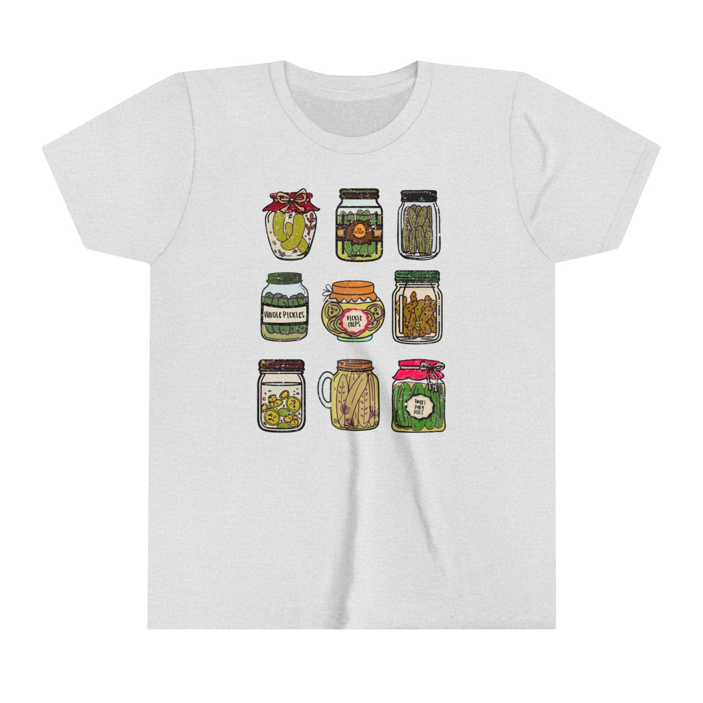 Pickle Lover's Graphic Kids Size Tee | Assorted Pickle Jar Design Youth Tee | Foodie Shirt for Pickle Enthusiasts | Pickle Gifts