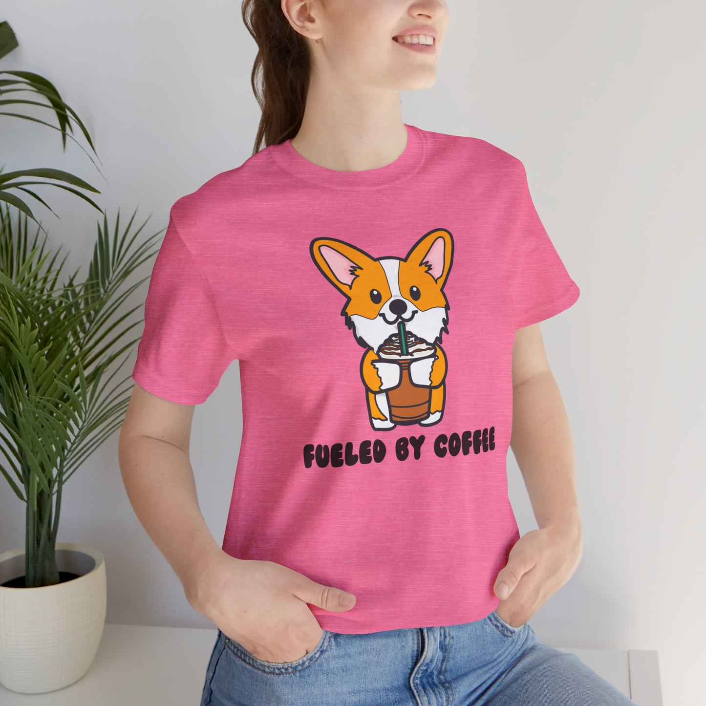 Fueled by Coffee Corgi Unisex Tee | Corgi Dog Ladies Top | Cute Corgi Iced Coffee Tee| Women's Coffee Lover Tee | Quirky Ladies Dog Tee