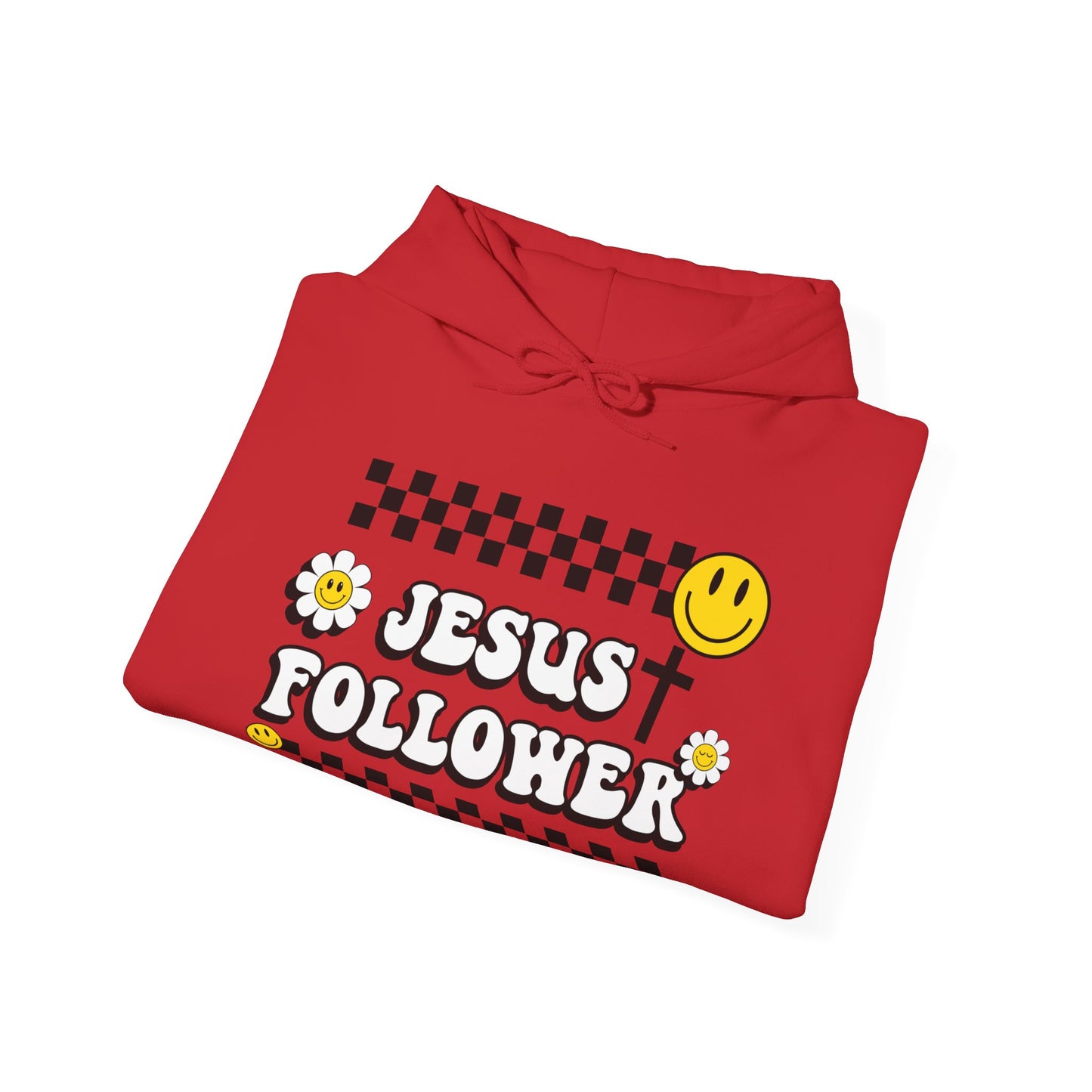 Jesus Follower Groovy Vibes Happy Face Hooded Sweatshirt - Christian Apparel, Retro Religious Clothing, Positive Graphic Hoodie