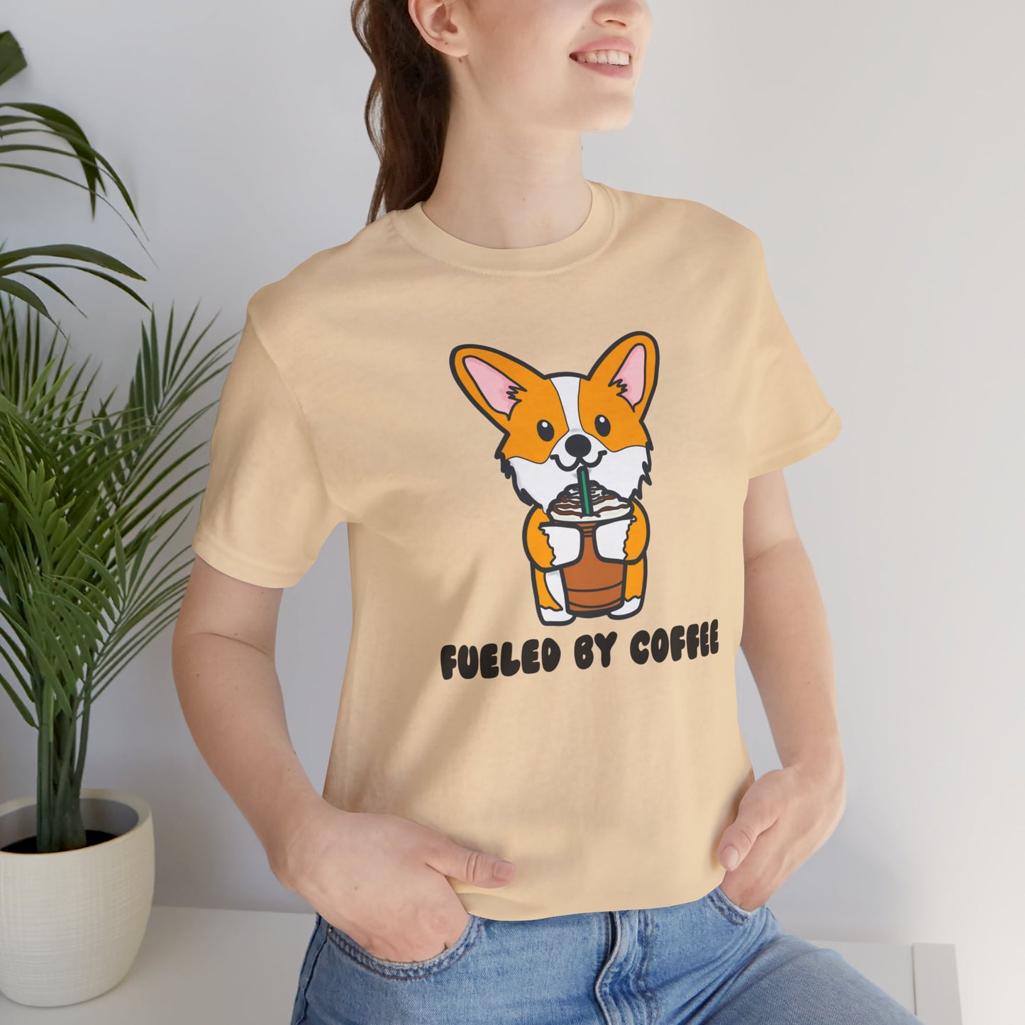 Fueled by Coffee Corgi Unisex Tee | Corgi Dog Ladies Top | Cute Corgi Iced Coffee Tee| Women's Coffee Lover Tee | Quirky Ladies Dog Tee