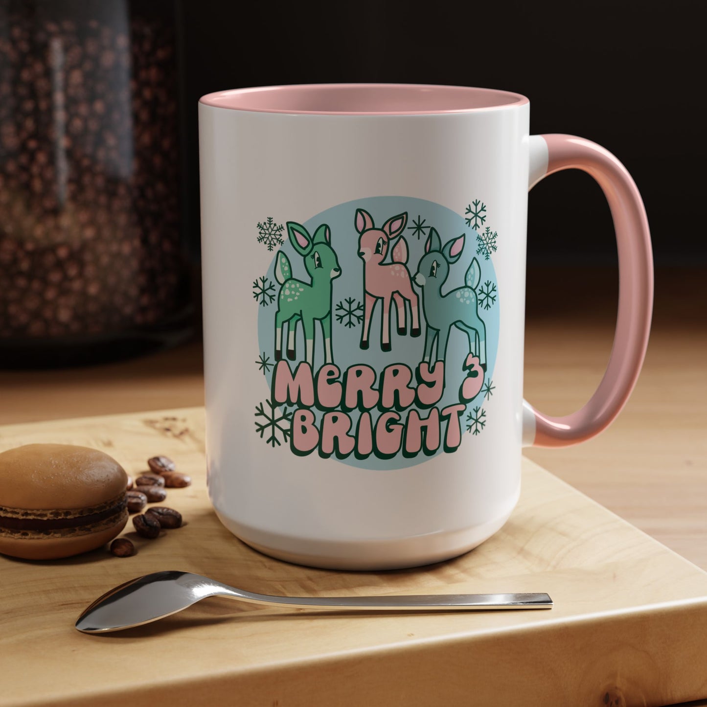 Merry and Bright Reindeer Pink Holiday Coffee Mug 11oz/15oz