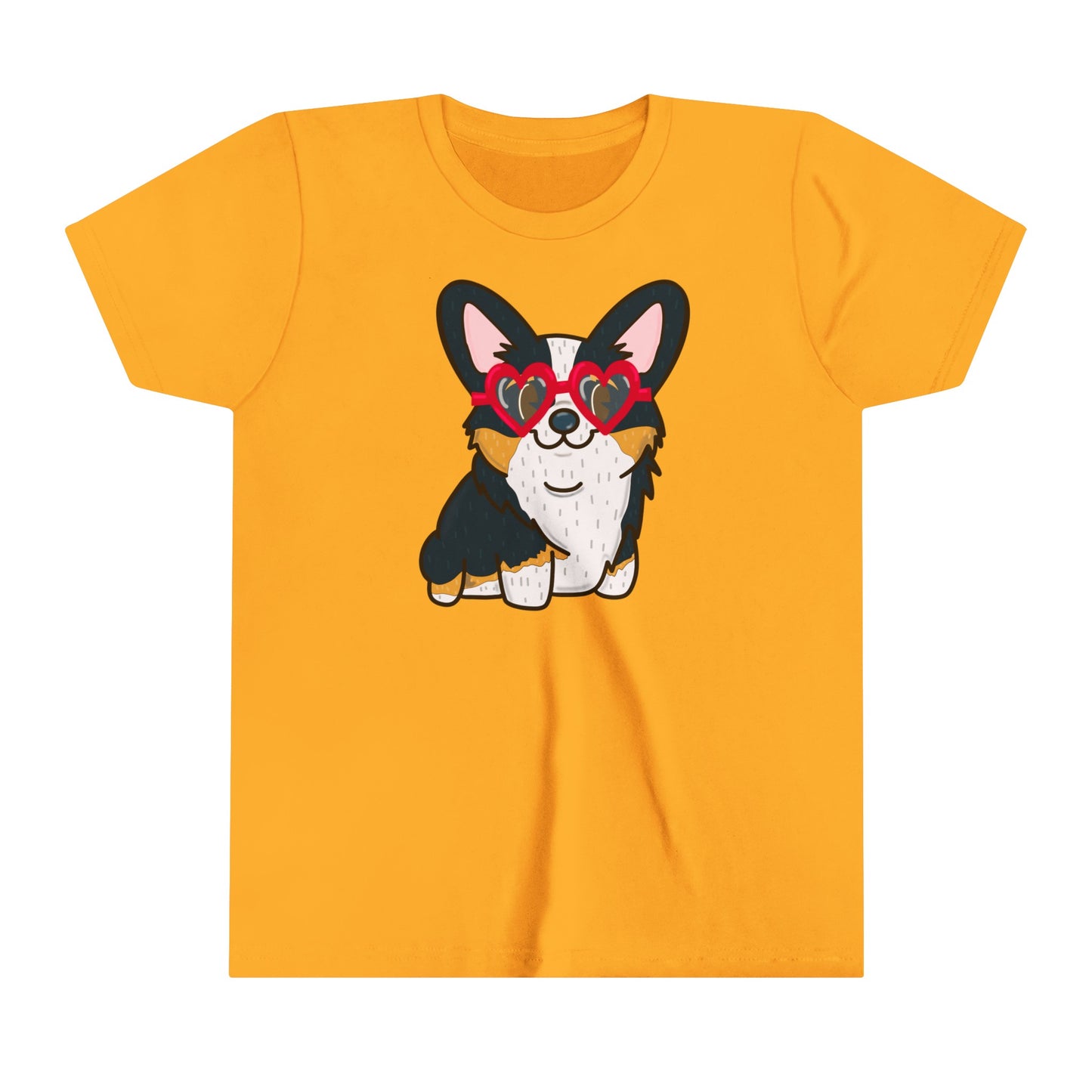 Black Corgi Heart Sunglasses Youth Graphic Tee | Cute Dog Lover Shirt | Kids' Casual Wear | Pet-Themed Children's Tee