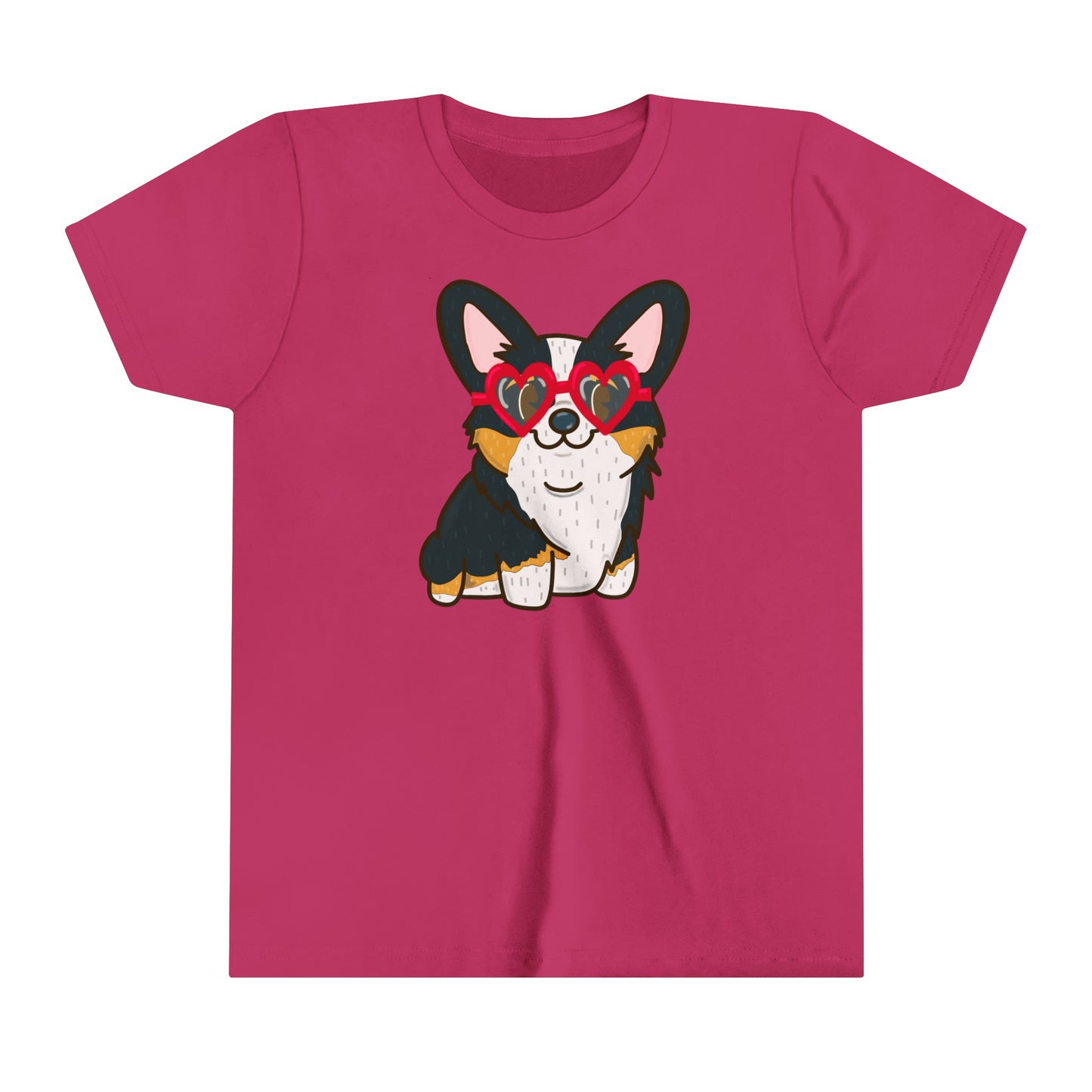 Black Corgi Heart Sunglasses Youth Graphic Tee | Cute Dog Lover Shirt | Kids' Casual Wear | Pet-Themed Children's Tee