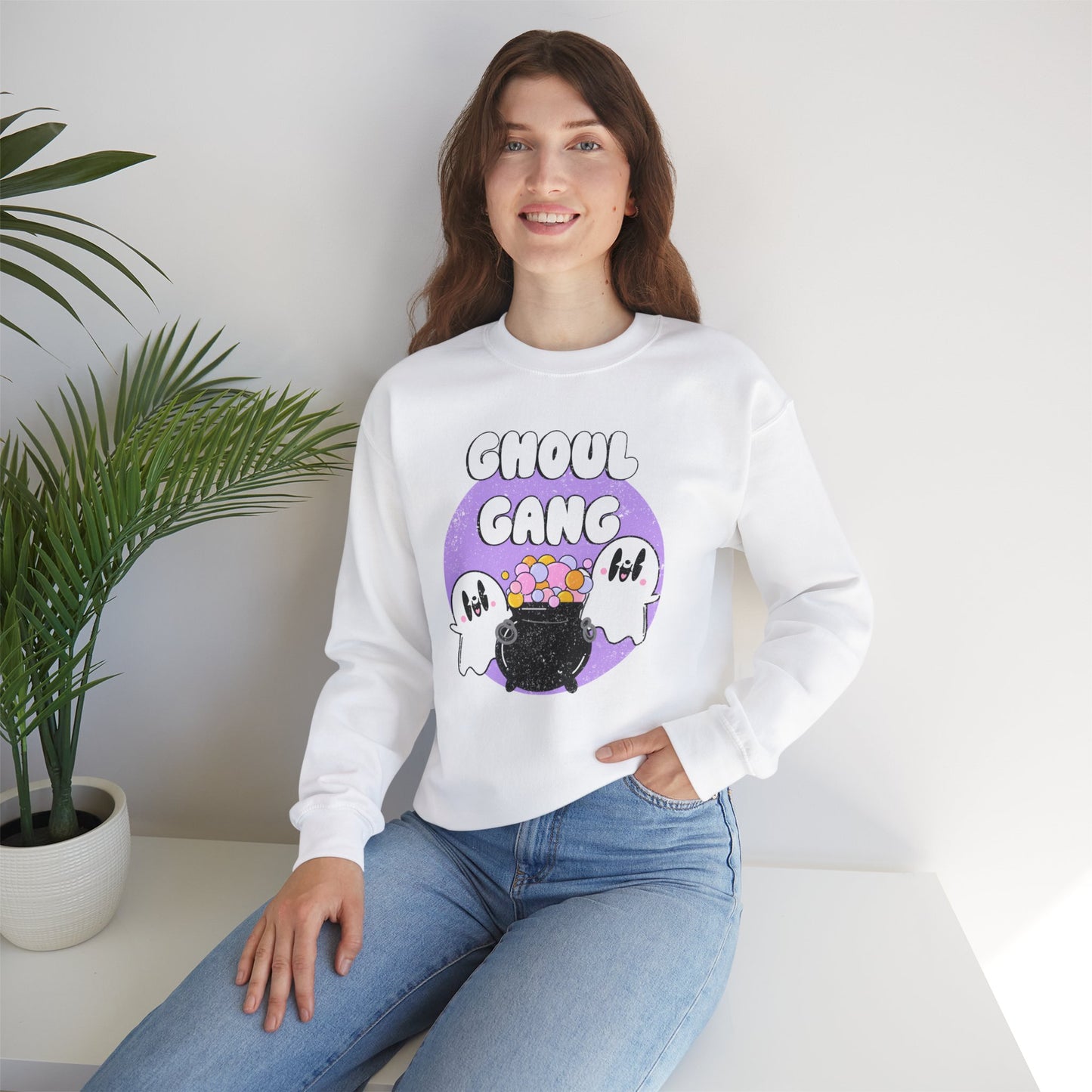 Ghoul Gang Spooky Season Pullover Sweatshirt | Ghost Retro Crewneck Adult Unisex Fit Sweatshirt