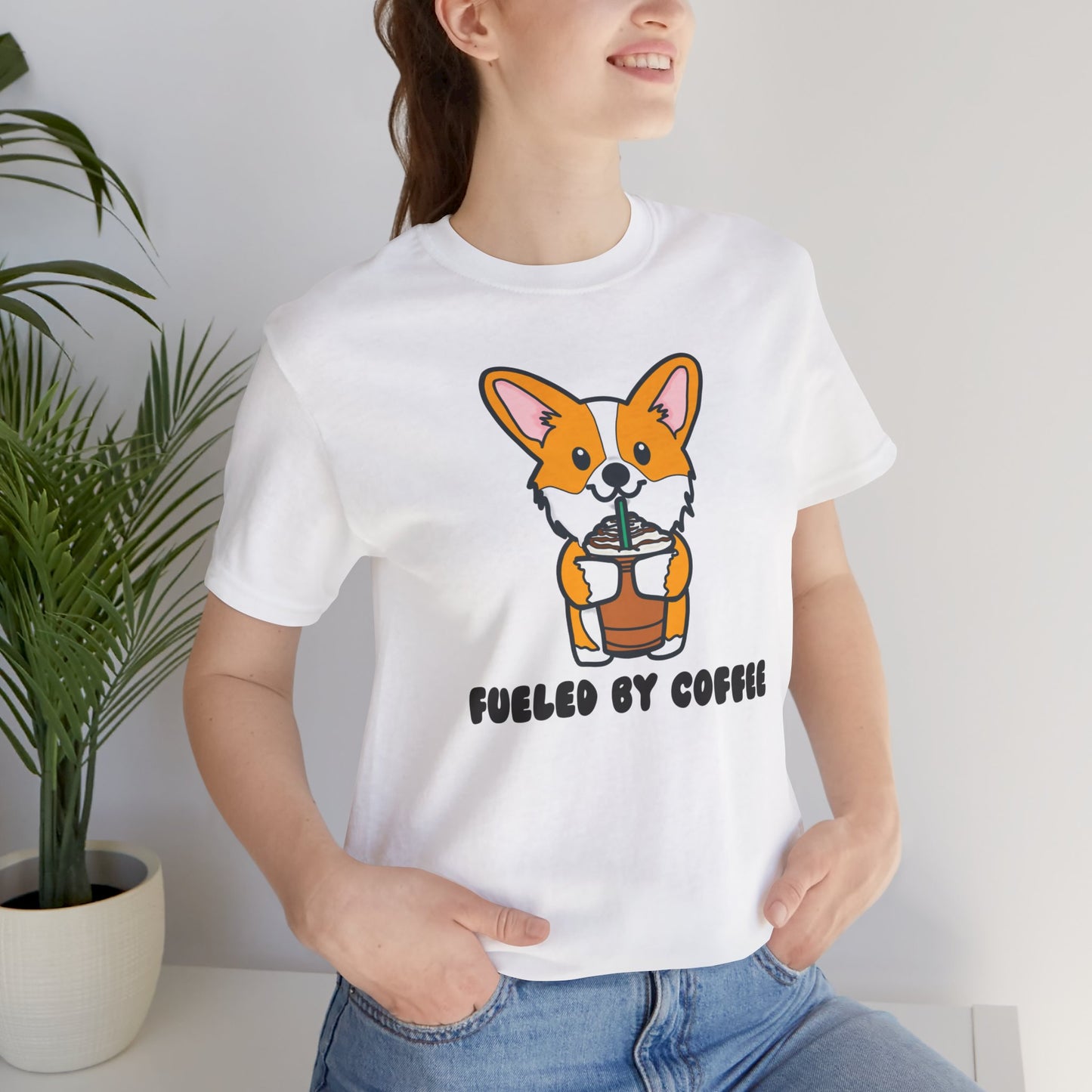 Fueled by Coffee Corgi Unisex Tee | Corgi Dog Ladies Top | Cute Corgi Iced Coffee Tee| Women's Coffee Lover Tee | Quirky Ladies Dog Tee